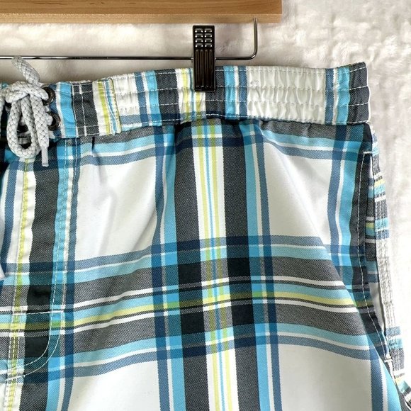 Caribbean Joe Mens Swim Trunks Large Aqua Green Gray Plaid Hawaiian Pocket GUC - Picture 9 of 14